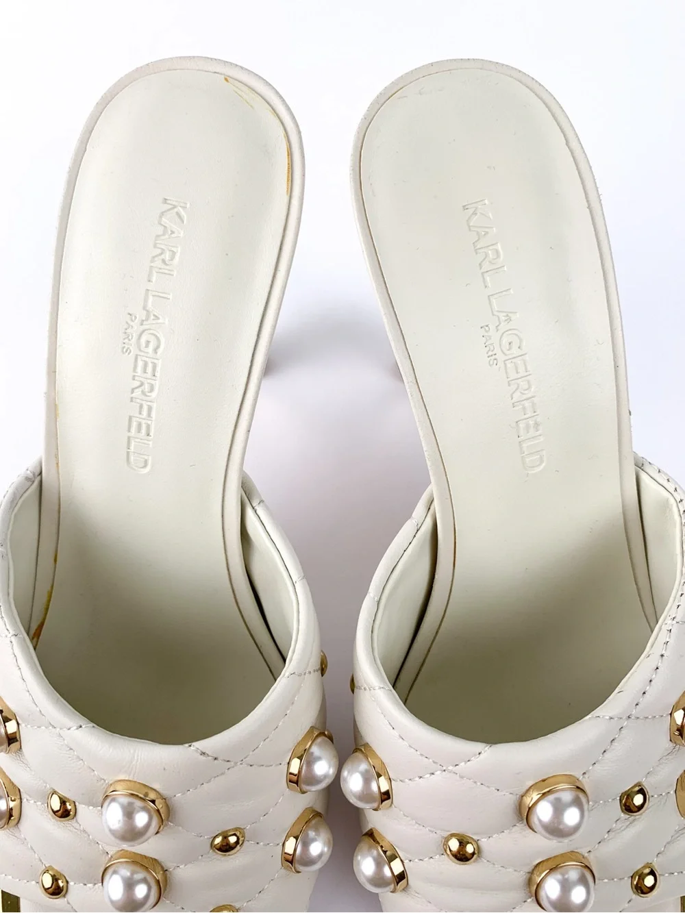 Karl Lagerfeld Paris Amina pearl studded heeled mules in ivory & gold size 6